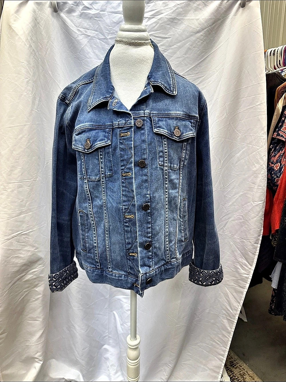Soft Surroundings The Ultimate Denim Jean Jacket with Patterned Cuff Trim